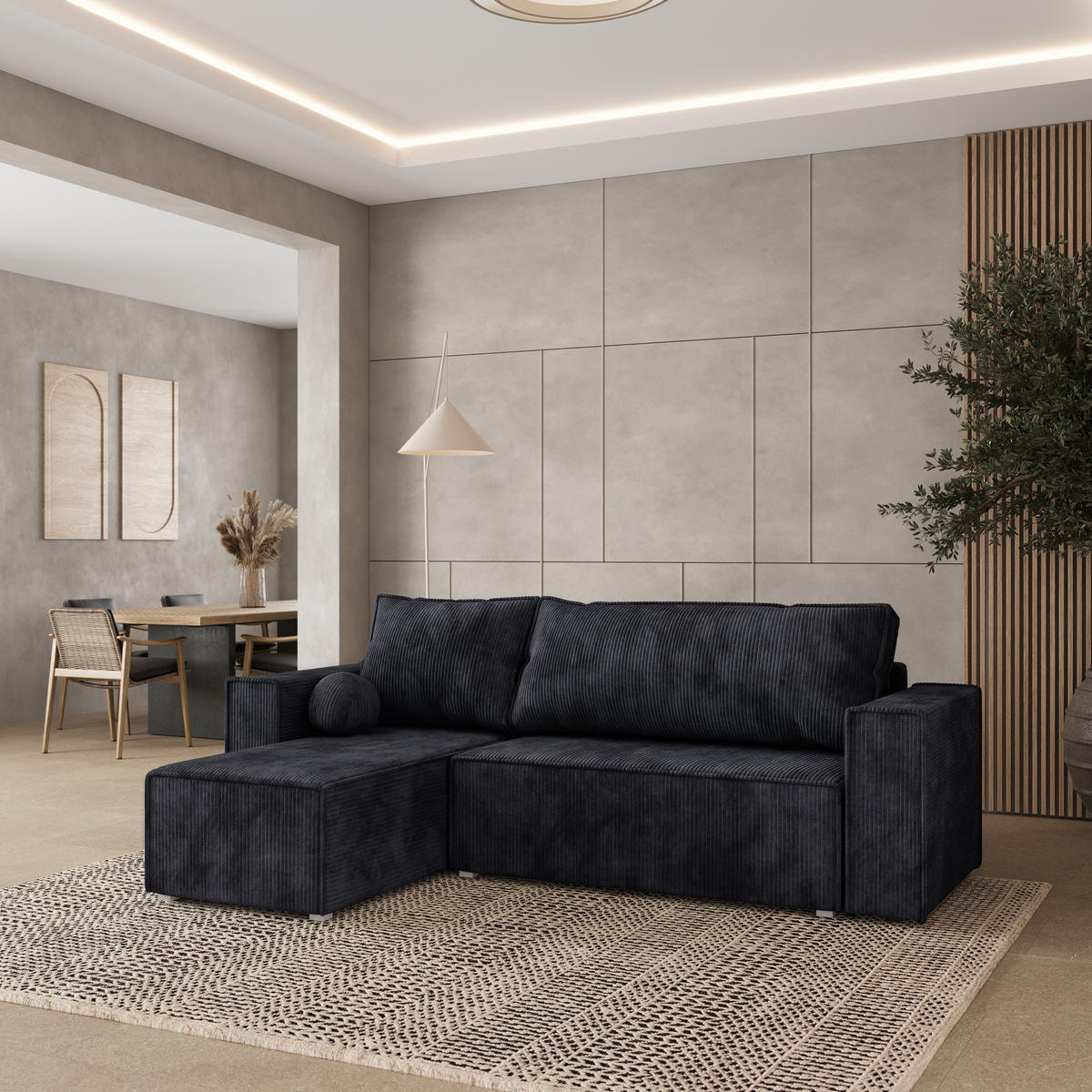 ROHOVÁ SEDAČKA RAVELO černá - šedá/černá, dřevo/textil (240/140cm) - MASSENO