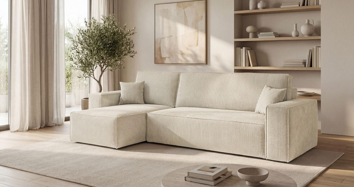 ECKSOFA CALIFORNIA MINI links weiß Cord Poso 100 - Schlaffunktion, Bettkasten - Weiß, Textil (245/140cm) - Cornero
