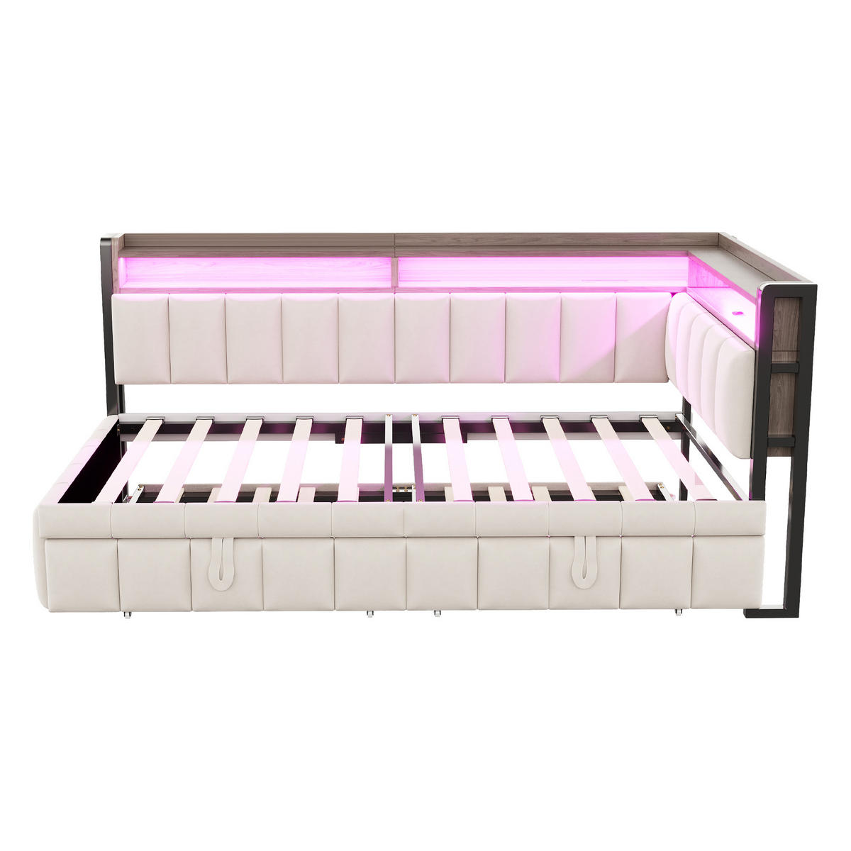 AUSZIEHBETT 90/200 cm ausziehbar mit LED und USB, DE-41717, in Beige - Beige, Metall (90/200cm) - ComfortXL