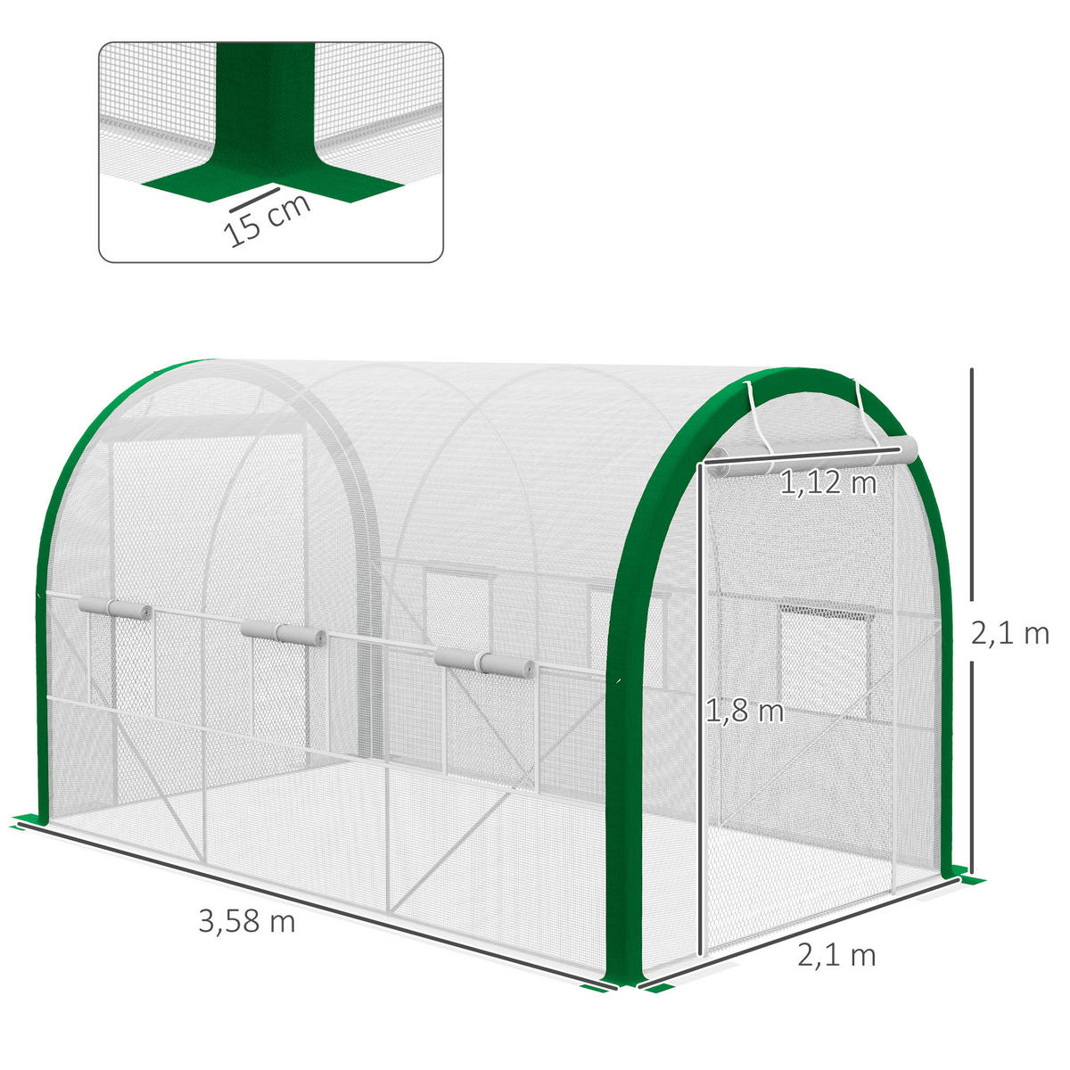 FOLIENGEWÄCHSHAUS mit Rolltür mit Fenster, Verzinkter Stahl, PE, Polyester, Weiß - Weiß, Kunststoff/Metall (210/210/358cm) - Outsunny