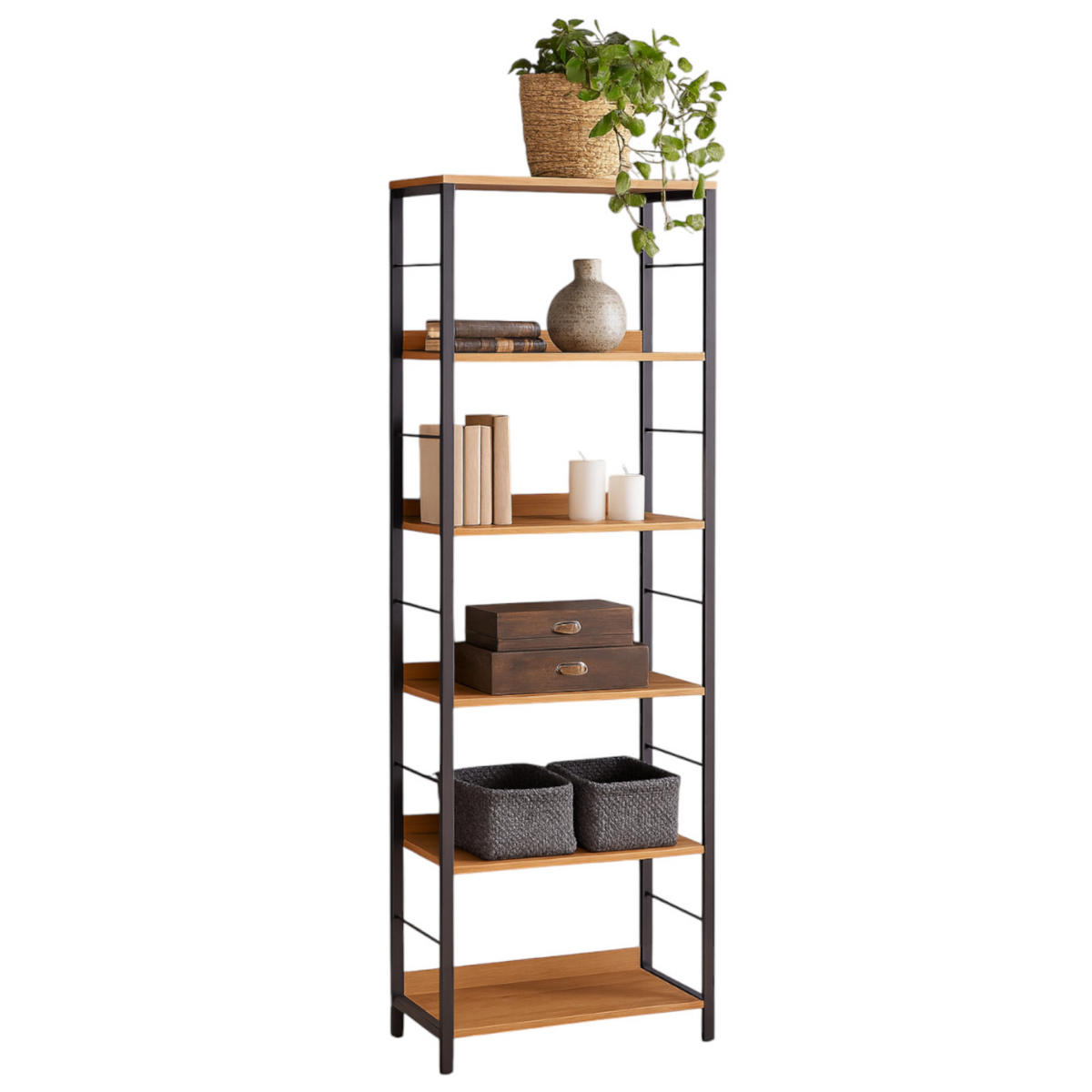 STANDREGAL Holzoptik Metall Eichebraun Schwarz 6 Ebenen 178×60×30 cm - Eichefarben/Schwarz, Holzwerkstoff/Metall (60/178/30cm) - Begryf