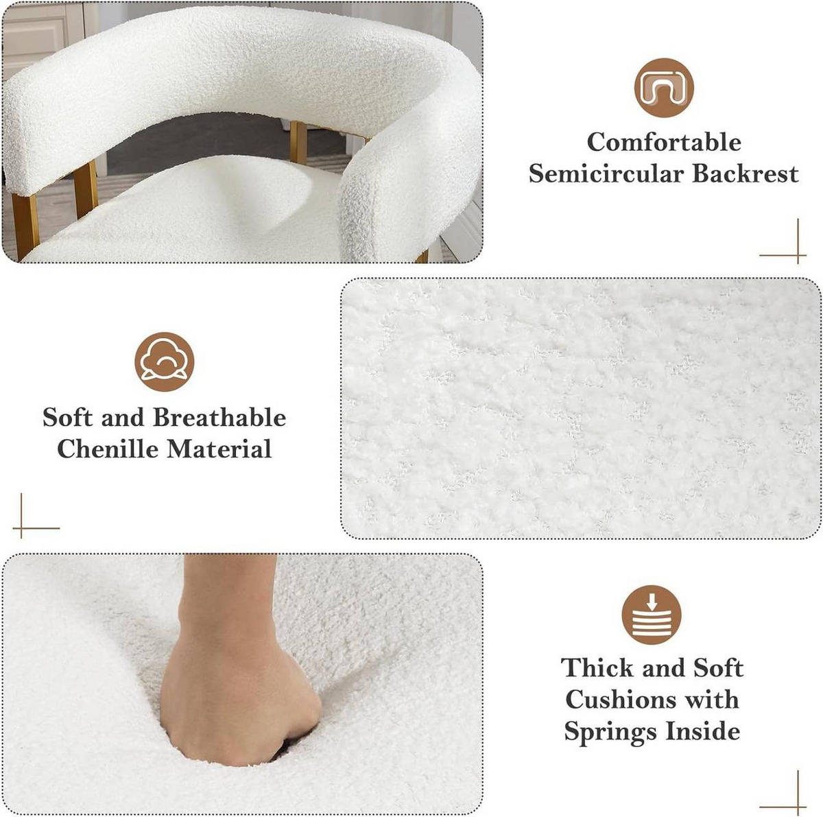 RELAXSESSEL aus Chenille, Cremeweiß - Goldfarben/Creme, Textil/Metall (65.5/70/60cm) - Woltu