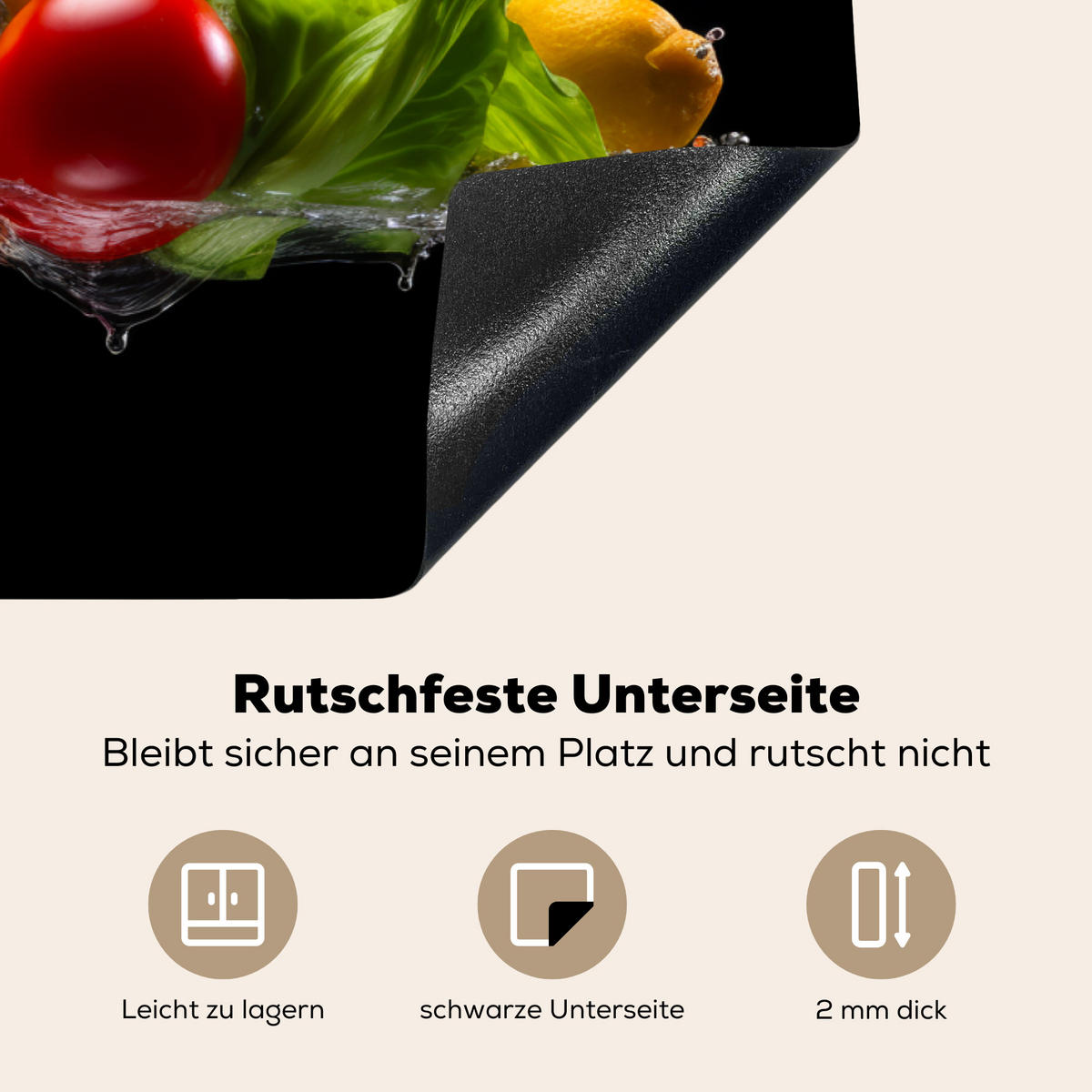 HERDABDECKPLATTE Paprika - Wasser - Gemüse - Schwarz 90x52 cm - Multicolor, Kunststoff (90/52/0.2cm) - MuchoWow