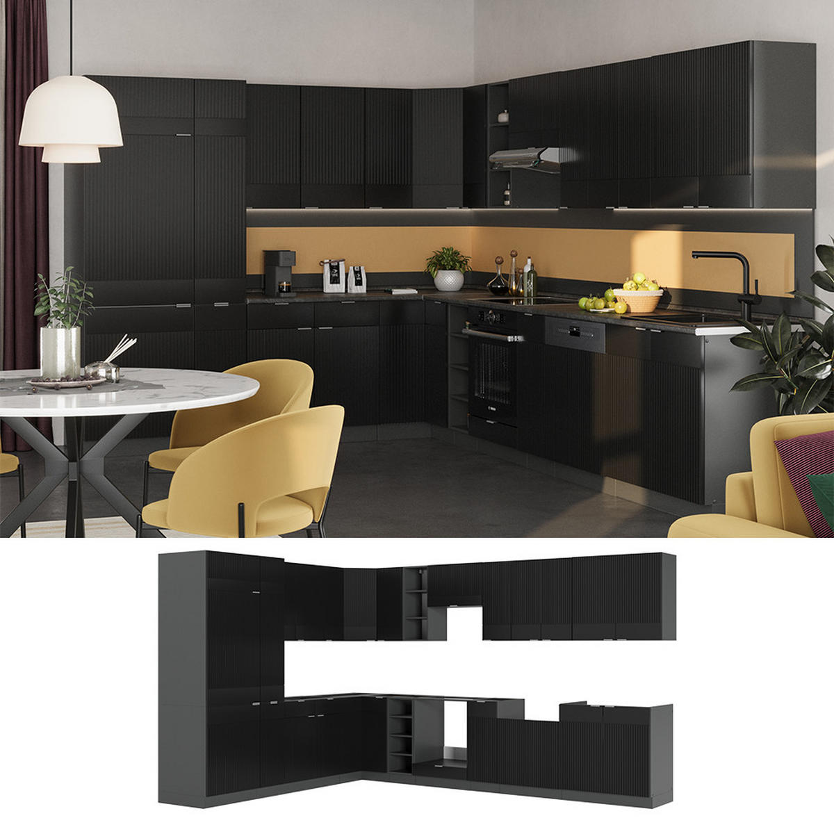 ECKKÜCHE Fame-Line, Schwarz gestreift/Anthrazit, 347 x 257 cm ohne Arbeitsplatte - Schwarz, Holzwerkstoff (347/81.6/46cm) - Vicco