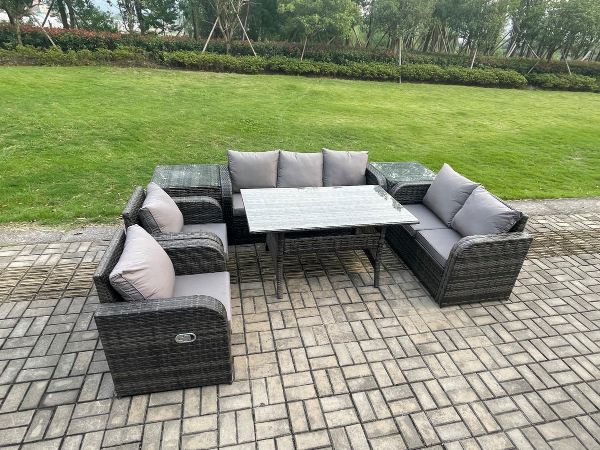 Gartenmöbelset mit Esstisch,3-Sitzer Sofa,Beistelltischen Polyrattan Dunkelgrau 7-Sitzer - Dunkelgrau/Grau, Glas/Kunststoff - Fimous