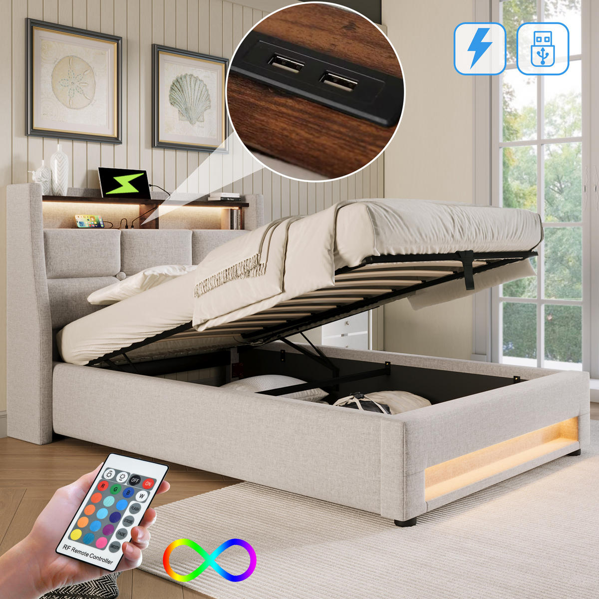 POLSTERBETT 90/200 cm mit LED & USB-Ladestation, Bettkasten (Gasdruckfeder), beige - Beige, Textil (90/200cm) - Redom