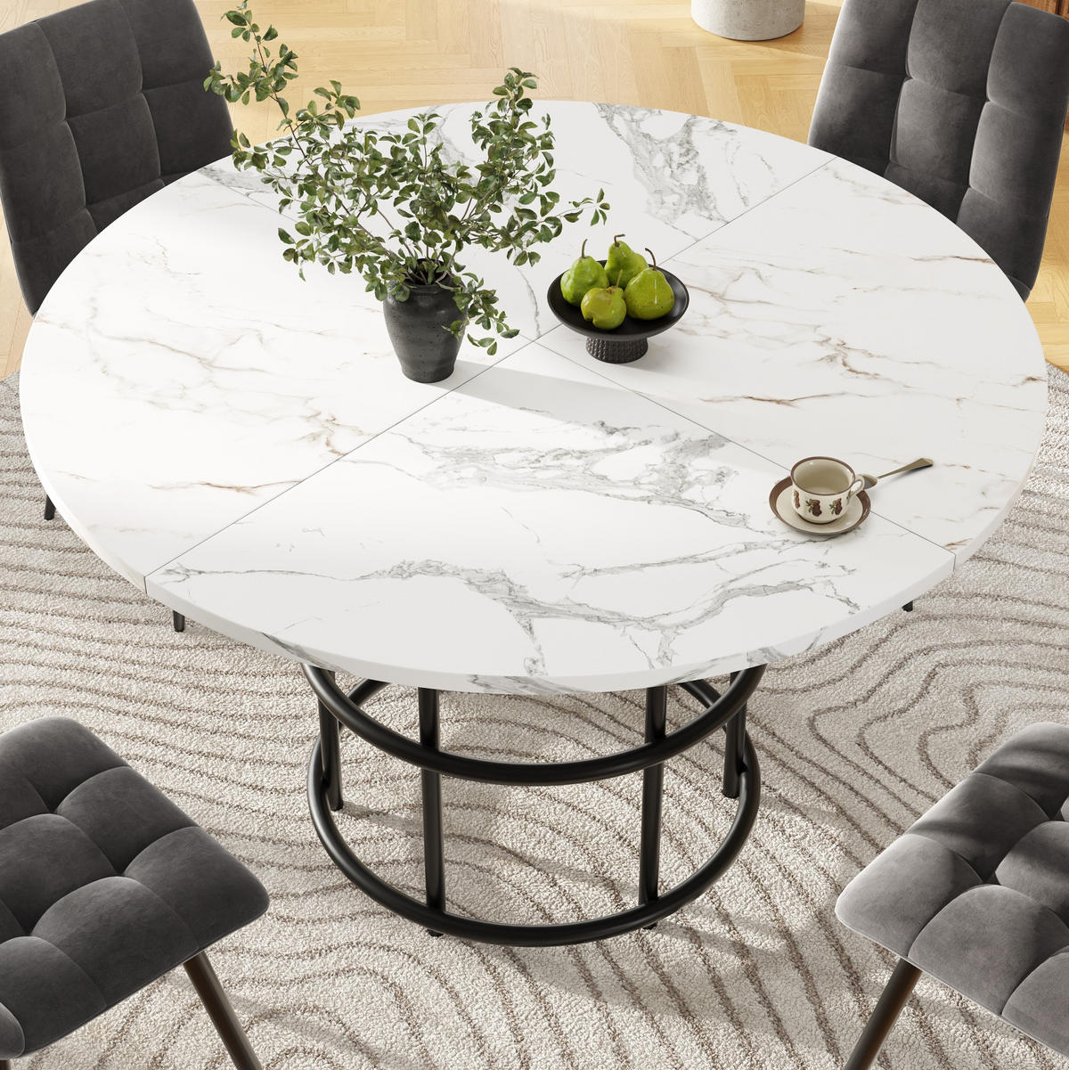ESSTISCH 100x100x76 cm in Weiß und Schwarz aus MDF mit Marmoroptik auf schwarzem Metallgestell - Schwarz, Holzwerkstoff (100/100/76cm) - Modfu