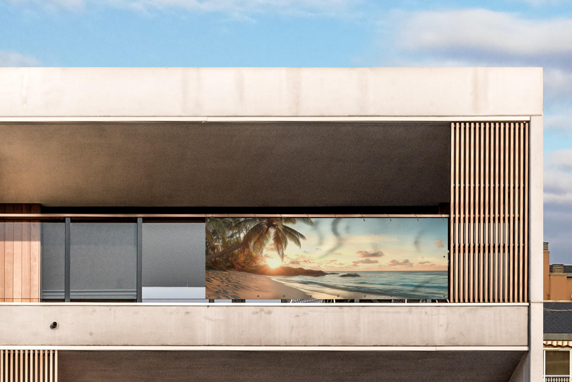 BALKON-SICHTSCHUTZ Strand - Palmen - Meer - Sonnenuntergang 300x110 cm - Samtahornfarben, Kunststoff (300/110cm) - MuchoWow