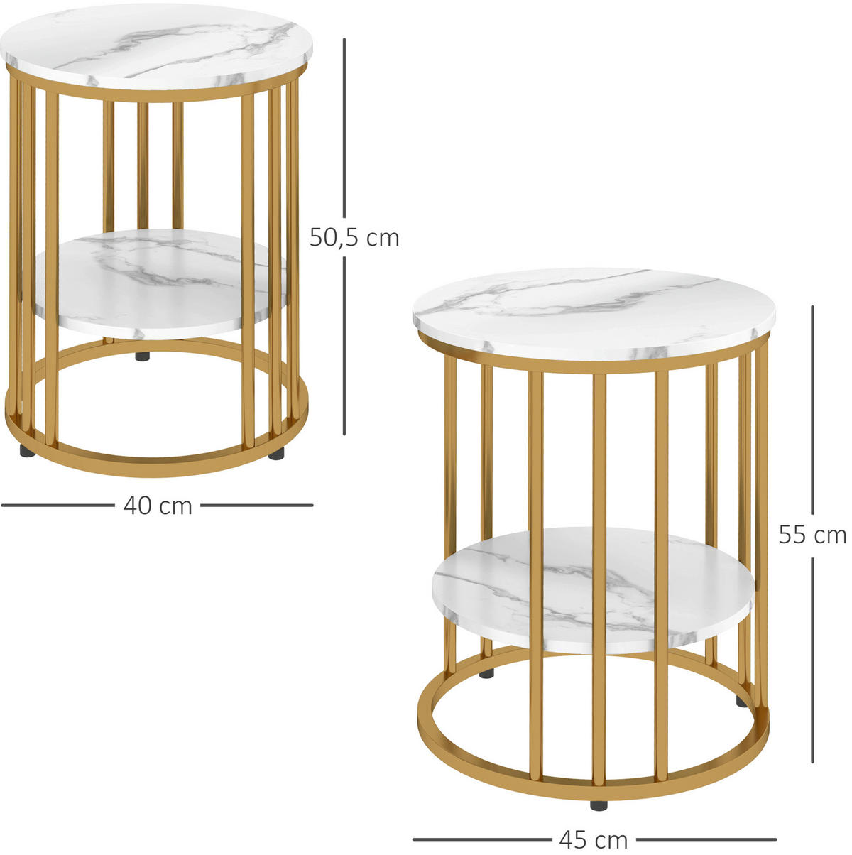 KONFERENČNÍ stolek sada 2 ks, kulatý, dřevěný, bílý s mramorovým vzhledem,45/45/55 cm - bílá, dřevo (45/45/55cm) - BEAOK