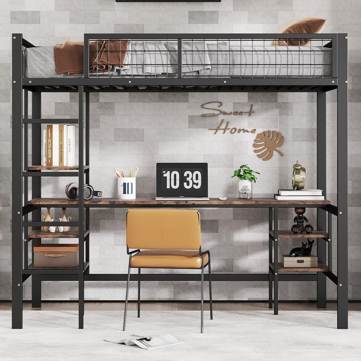 ETAGENBETT 90/200 cm schwarz aus Metall und Spanplatte mit Tisch und Regalen - Schwarz, Metall (90/200cm) - OKWISH