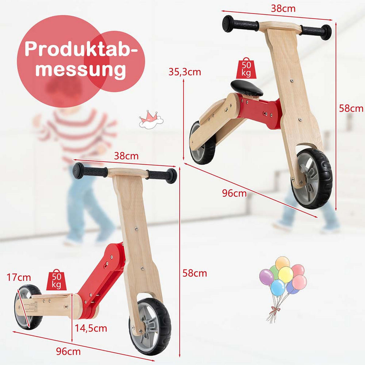 KINDERROLLER umwandelbarer Rot - Rot, Holz (96/38/58cm) - COSTWAY
