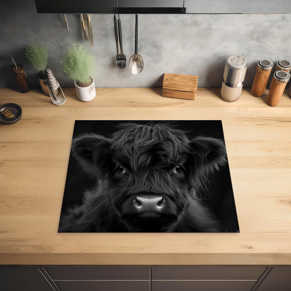 HERDABDECKPLATTE Scottish Highlander - Schwarz - Kalb - Kuh Herdabdeckung Induktionsfeld 60x52 cm - Schwarz, Kunststoff (60/52/0.2cm) - MuchoWow