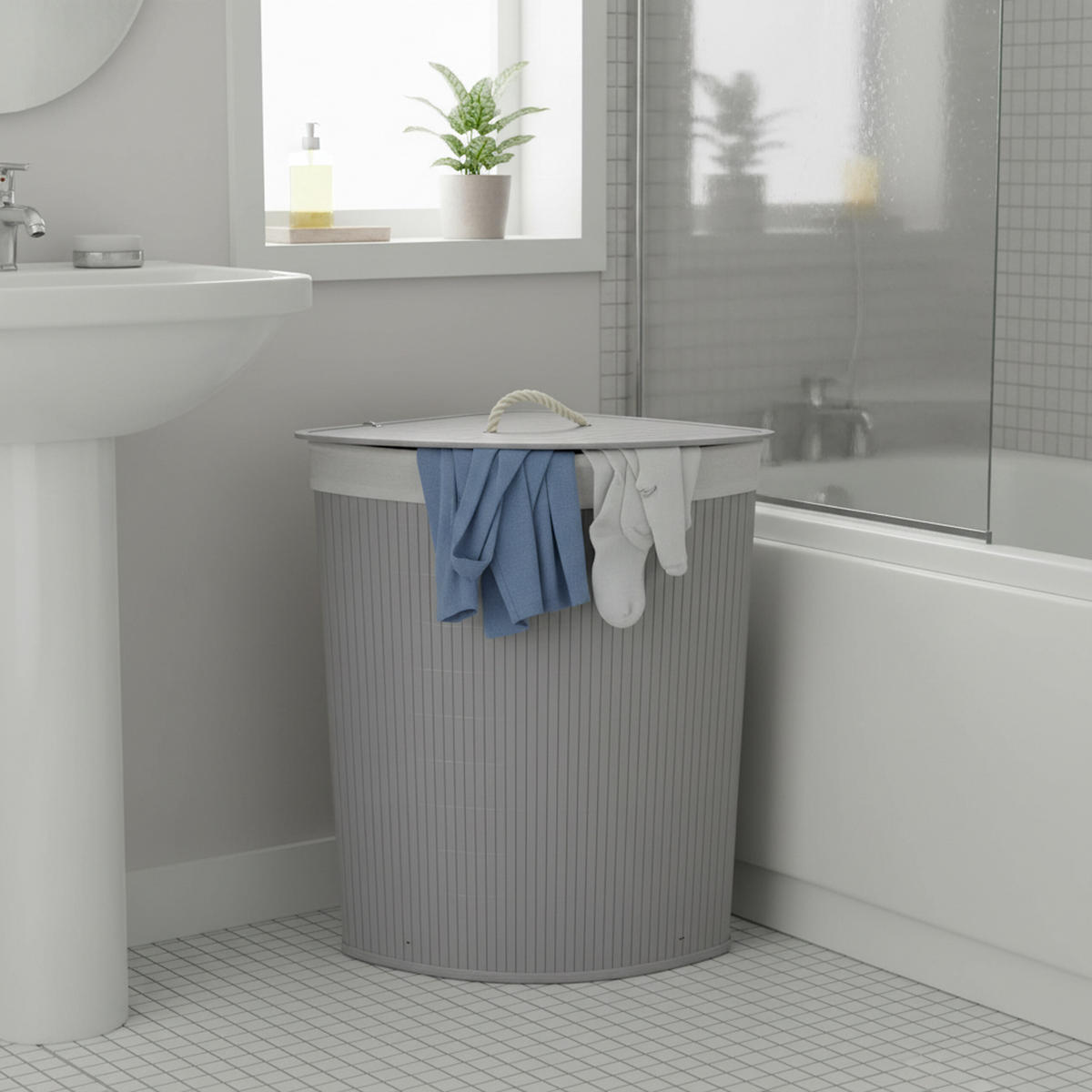 ECKWÄSCHEKORB - Grau, Holz/Textil (36/60/36cm) - Relaxdays