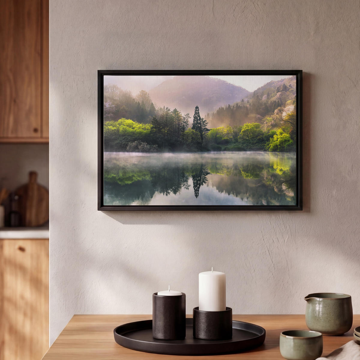 LEINWAND Bilder mit Rahmen - Natur - Bäume - Berge - See - Wasser - 30x20 - Hellgrün, Textil (30/20cm) - MuchoWow