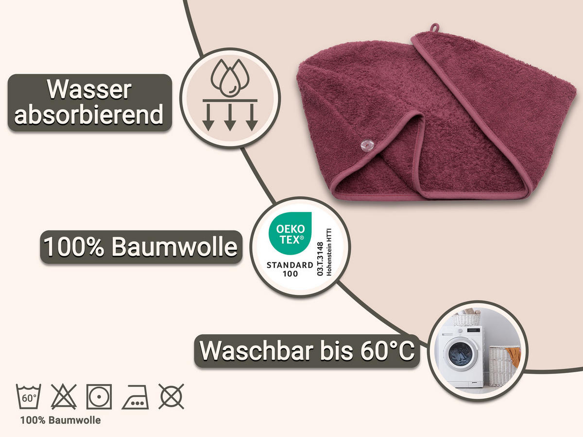 HAARTURBAN, 23x64 cm, 100% Baumwolle, Rot - Brombeere, Textil (23/64cm) - Zollner