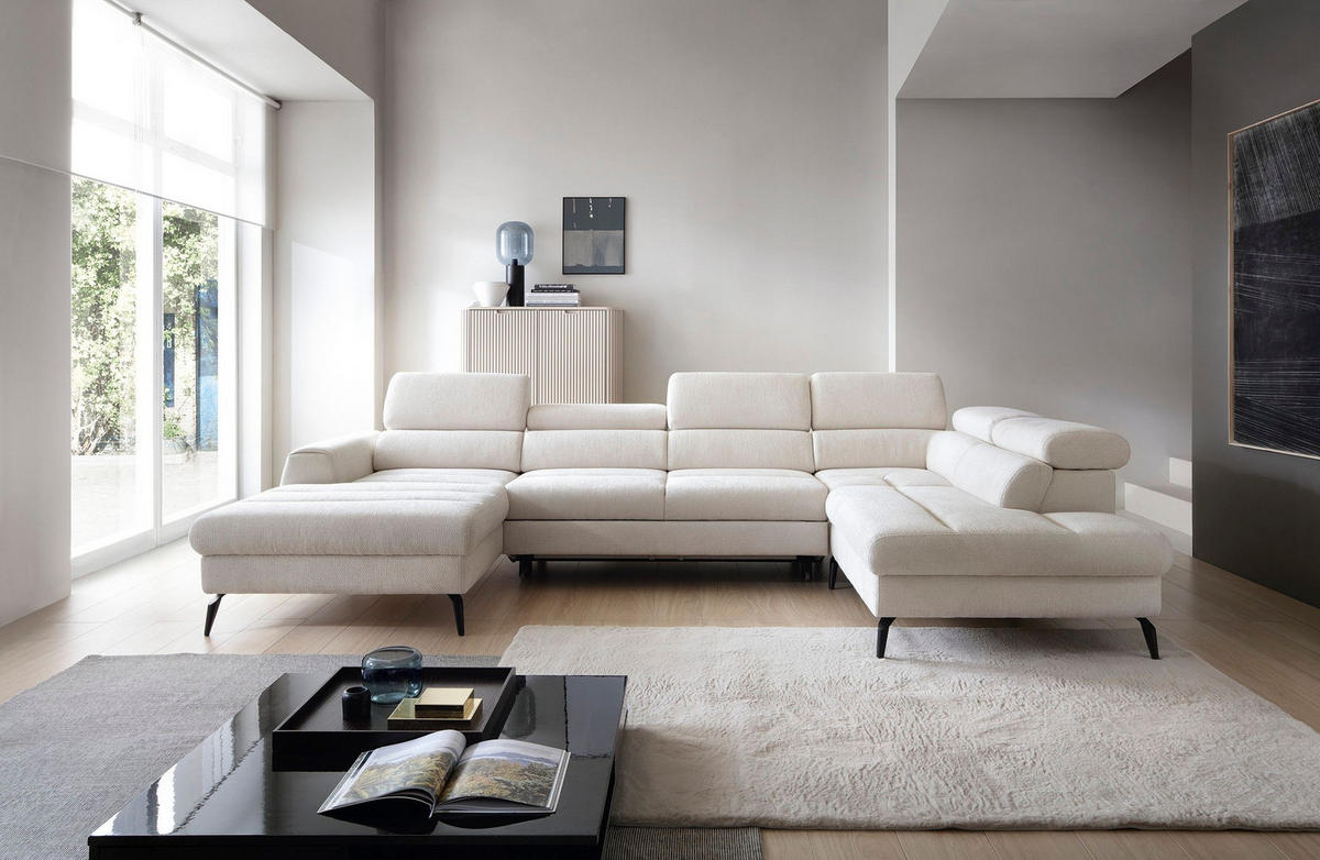 WOHNLANDSCHAFT NOTE Creme Chenille mit Schlaffunktion - Creme, Holz (345/93/257cm) - MASSENO