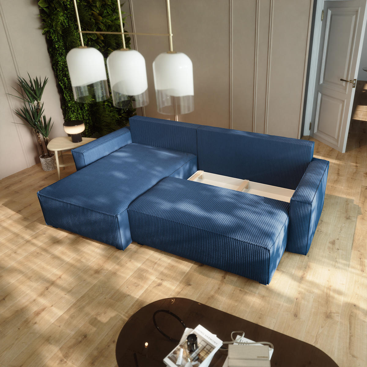 ECKSOFA BESMIR Blau Kordstoff mit Schlaffunktion - Blau, Holz (275/148cm) - MASSENO