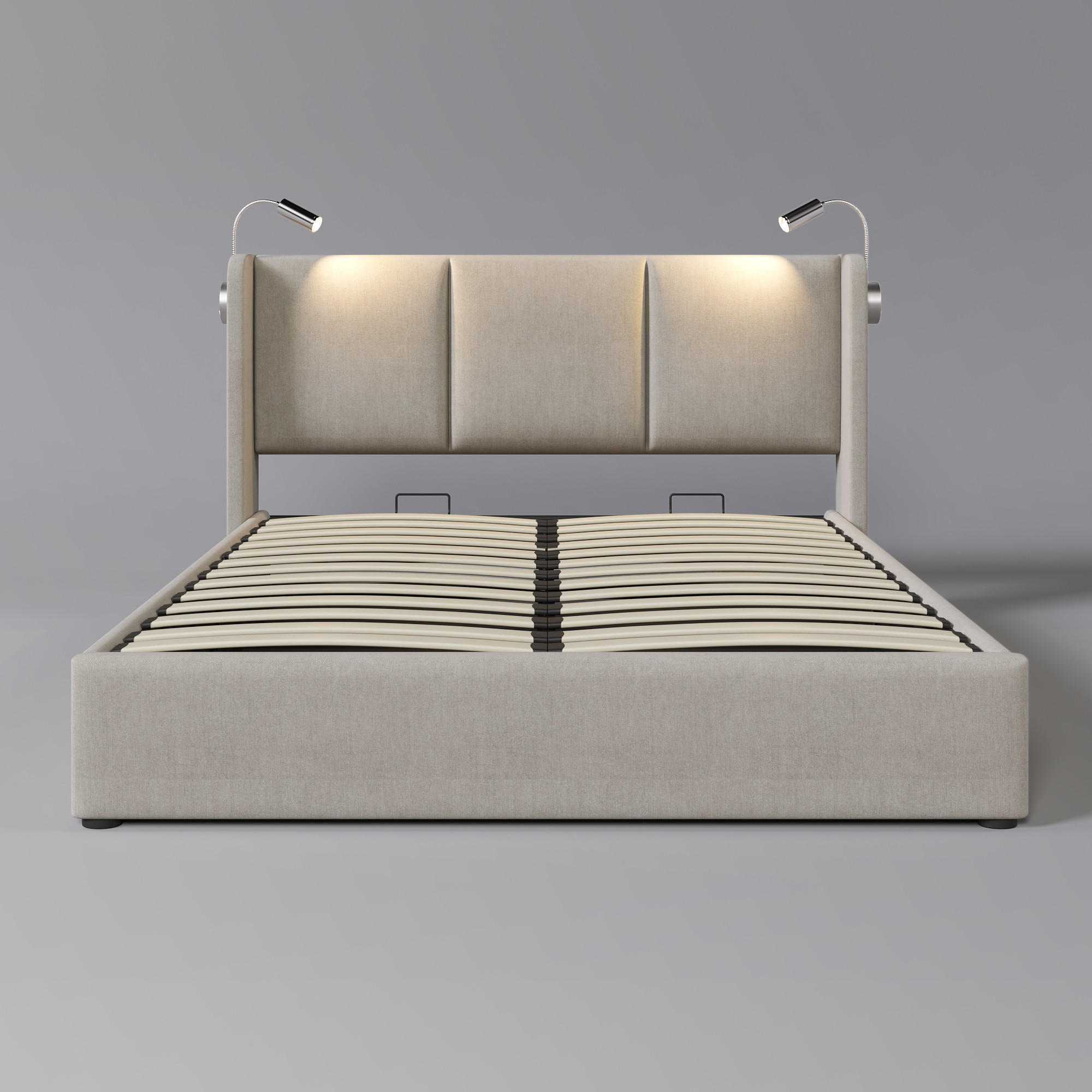 STAURAUMBETT Beige Liegefläche 180/200 cm, Hydraulischer Bettkasten, LED-Leseleuchte, USB-Ladefunktion, Ohne Matratze - Beige, Textil - PANGIVO