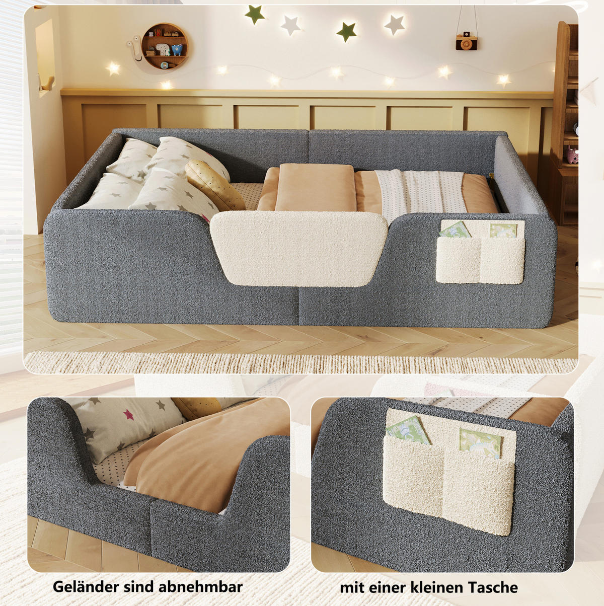KINDERBETT aus Samt 140x190 cm Grau mit abnehmbaren Seitengittern, Stofftasche und gepolstertem Rundumschutz - Grau, Textil (140/190cm) - Modfu