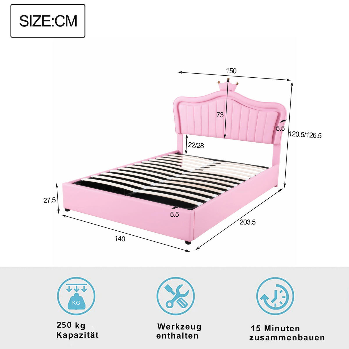 POLSTERBETT 140/200 cm rosa mit hydraulischem Stauraum und LED-Beleuchtung - Pink, Textil (140/200cm) - OKWISH