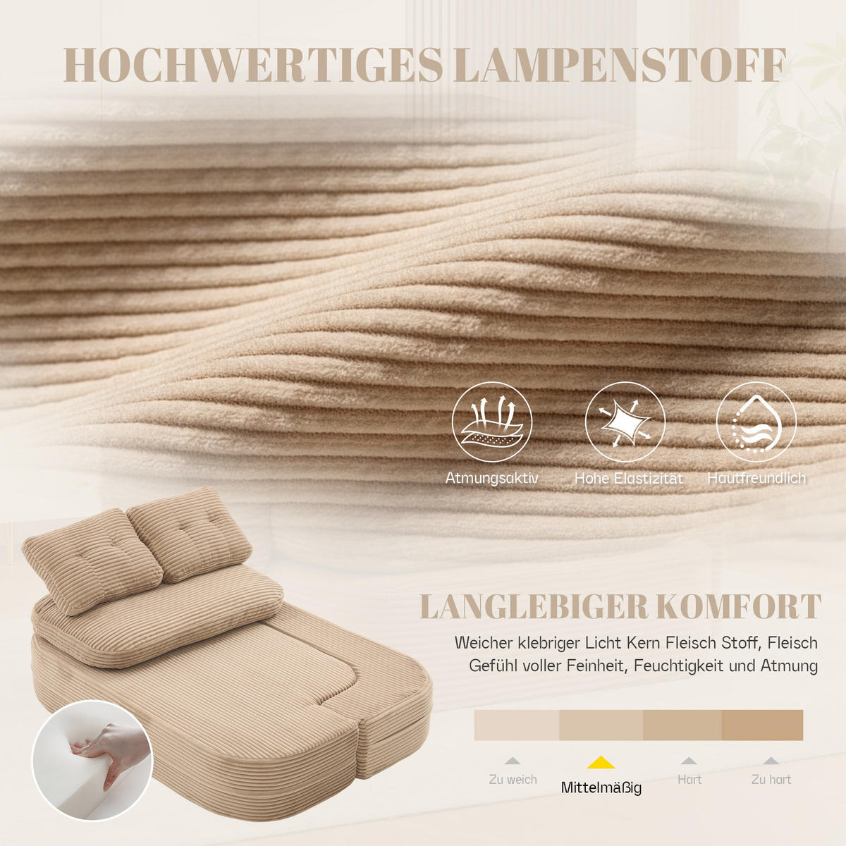 SOFA mit Liegefunktion, Getränkehaltern und verstellbaren Armlehnen in Khaki - Taupe, Textil (165/61/97cm) - EVRYAE