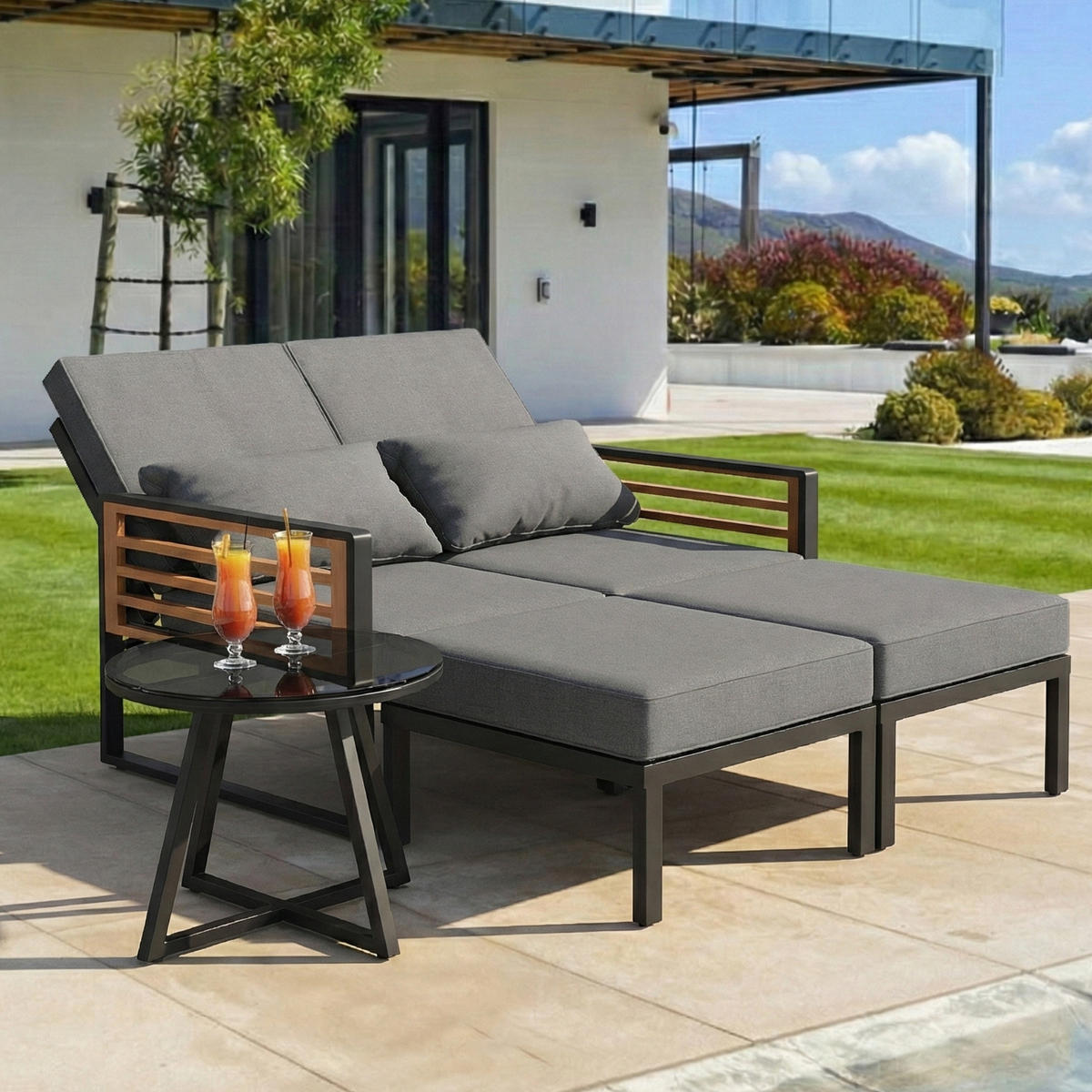 DOPPELLIEGE 2-4 Personen Mit Verstellbarer Rückenlehne Inkl. Kissen - Grau, Metall - FLIEKS