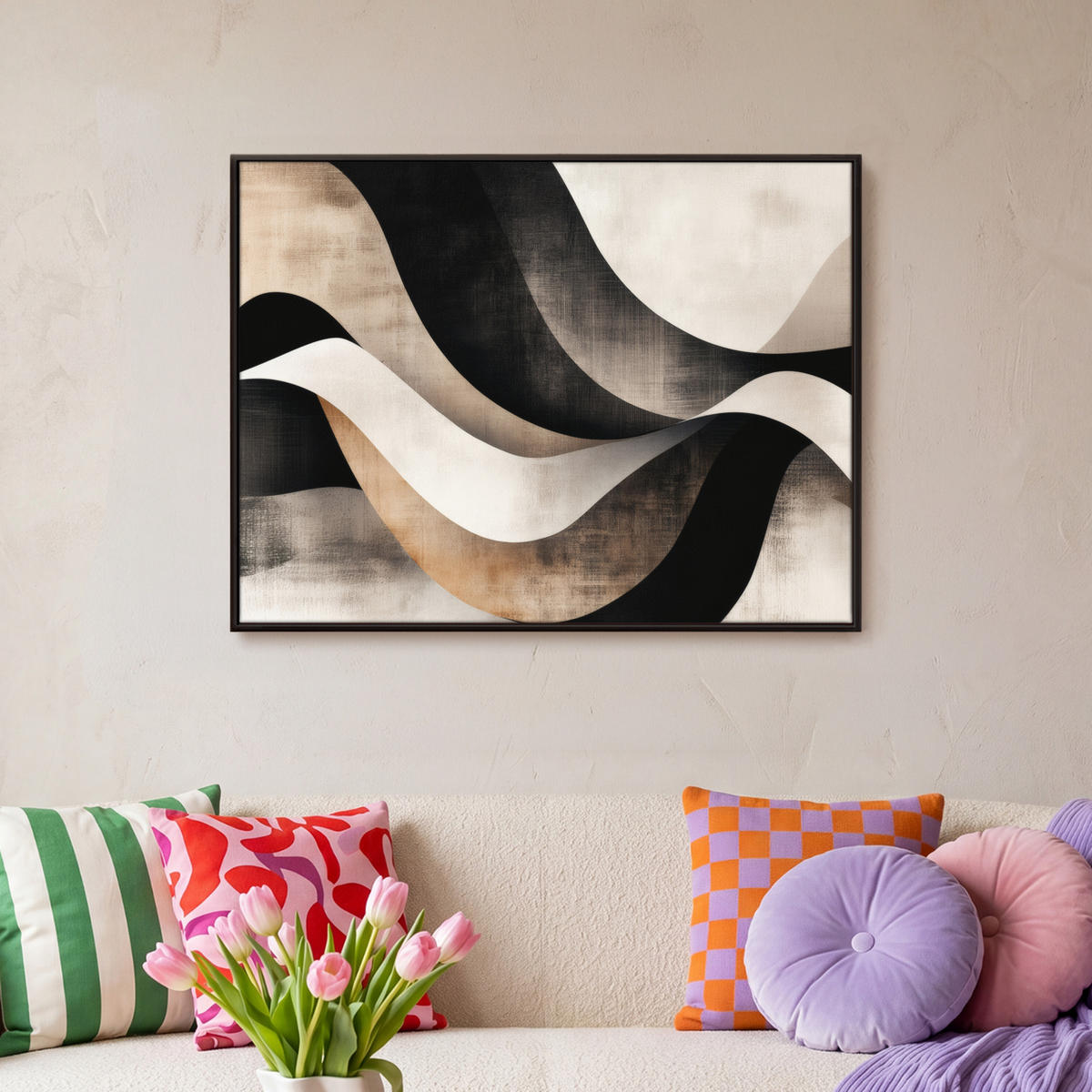 LEINWAND Bilder mit Rahmen - Abstrakt - Wellen - Schwarz - Verwittert - 80x60 - Trüffeleichefarben, Textil (80/60cm) - MuchoWow