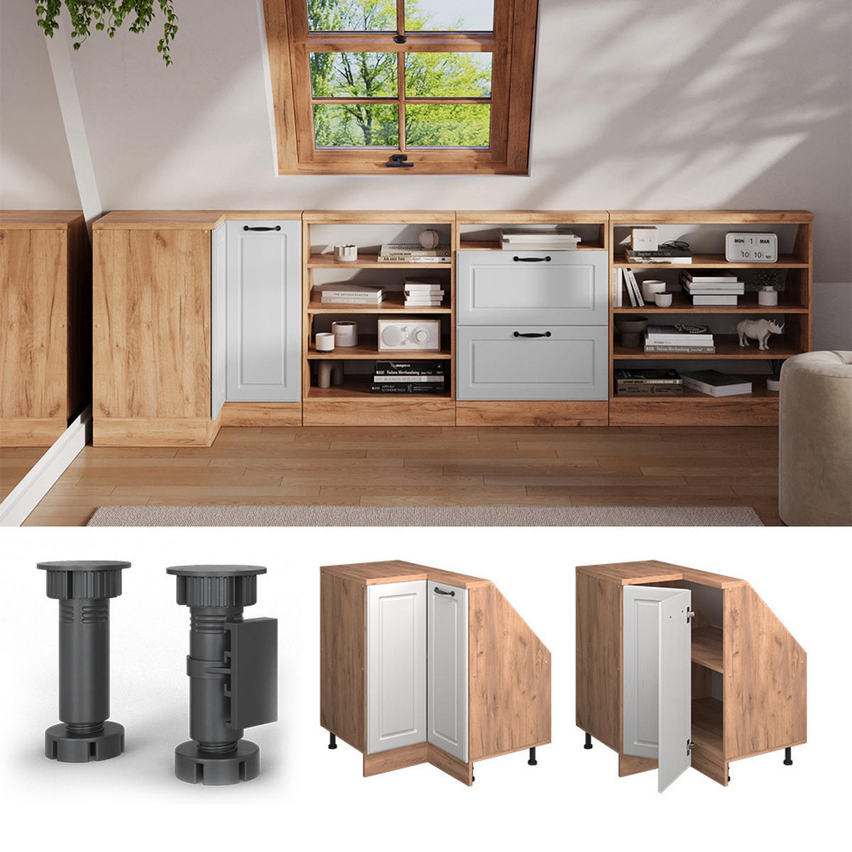 DACHSCHRÄGENSCHRANK ECKSCHRANK Rion Weiß Landhaus/Goldkraft Eiche 75.6 x 81.6 cm mit 1 Tür - Honigeiche/Weiß, Holzwerkstoff (75.6/81.6/75.6cm) - Vicco