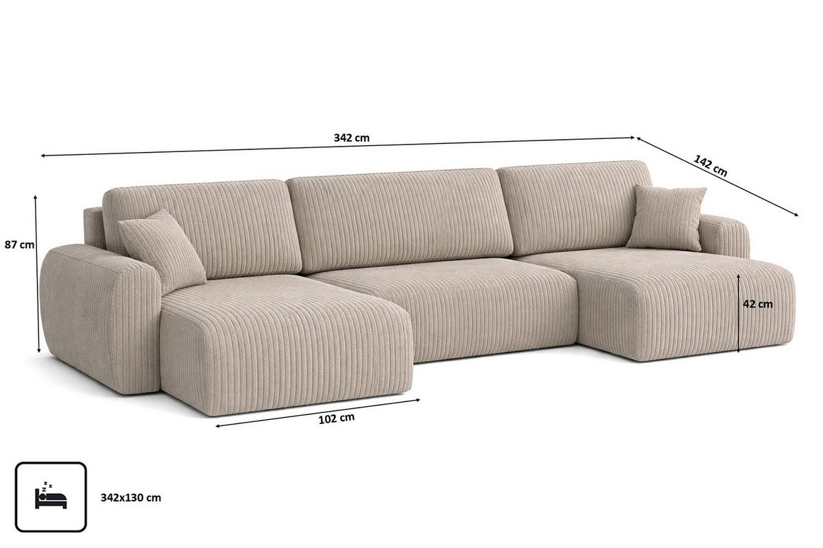 ECKSOFA Mit Schlaffunktion Und Bettkasten U-Form Ariel U, Cordstoff Poso, Dunkelbeige - Beige, Holz (342/142cm) - Kaiser Möbel