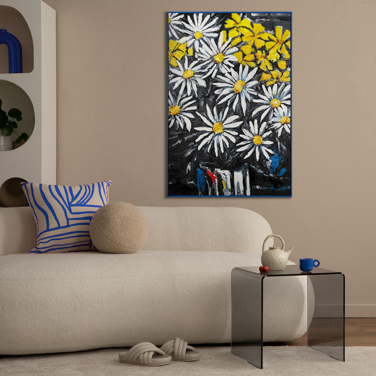 GEMÄLDE Schneeweiße Margeriten Schattenfugenrahmen Blau 140x100 cm - Blau, Holz (140/100cm) - YS-art gallery