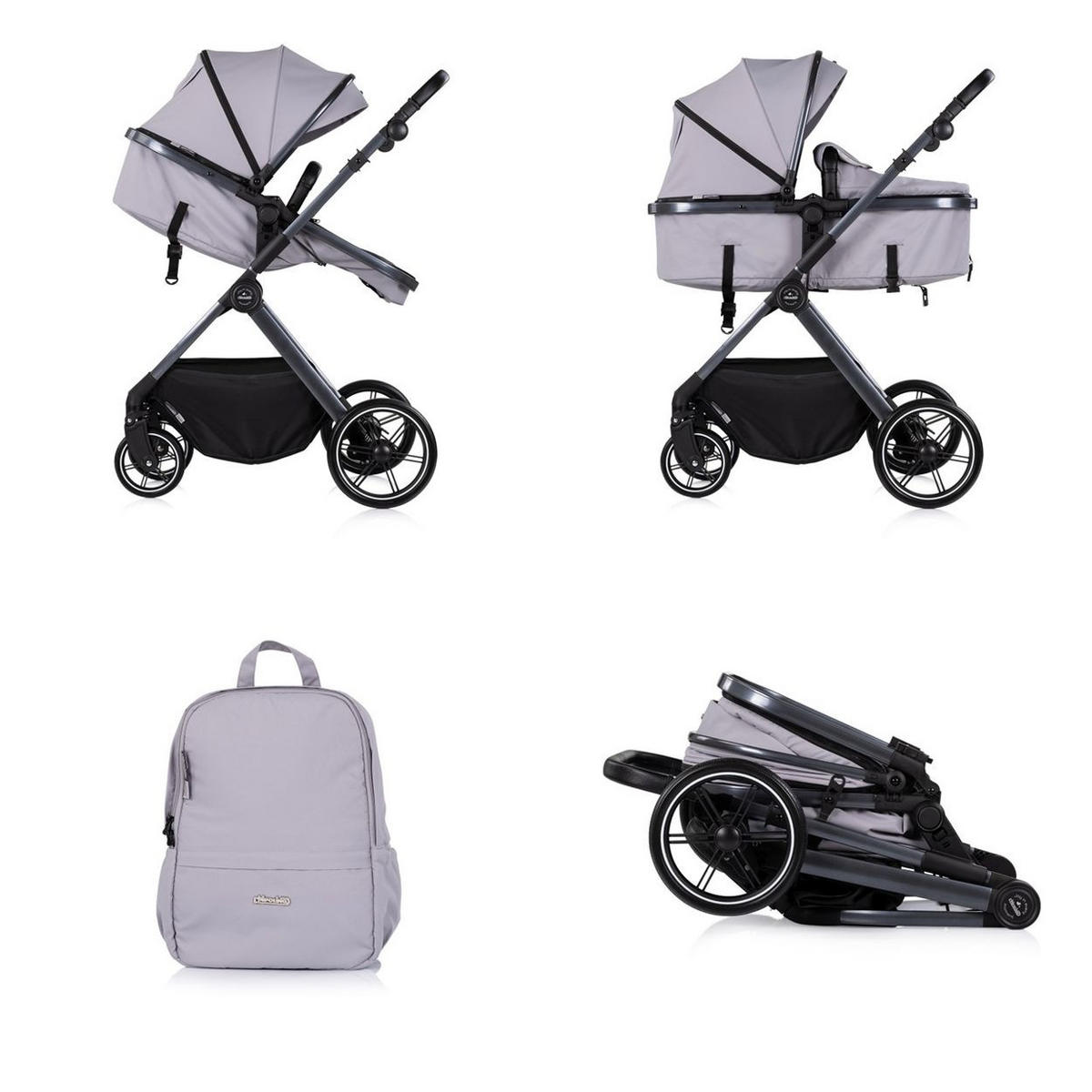 KINDERWAGEN Pearl 2 in 1 grau umbaubar Rucksack Fußsack Korb Federung - Grau, Metall (75/65/104cm) - Chipolino