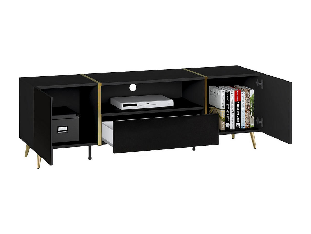 TV-MÖBEL mit 2 Türen, 1 Schublade & 1 Ablage - Schwarz glänzend & Goldfarben - MARZIALO - Schwarz, Holz (158/51.8/41cm) - Vente-Unique