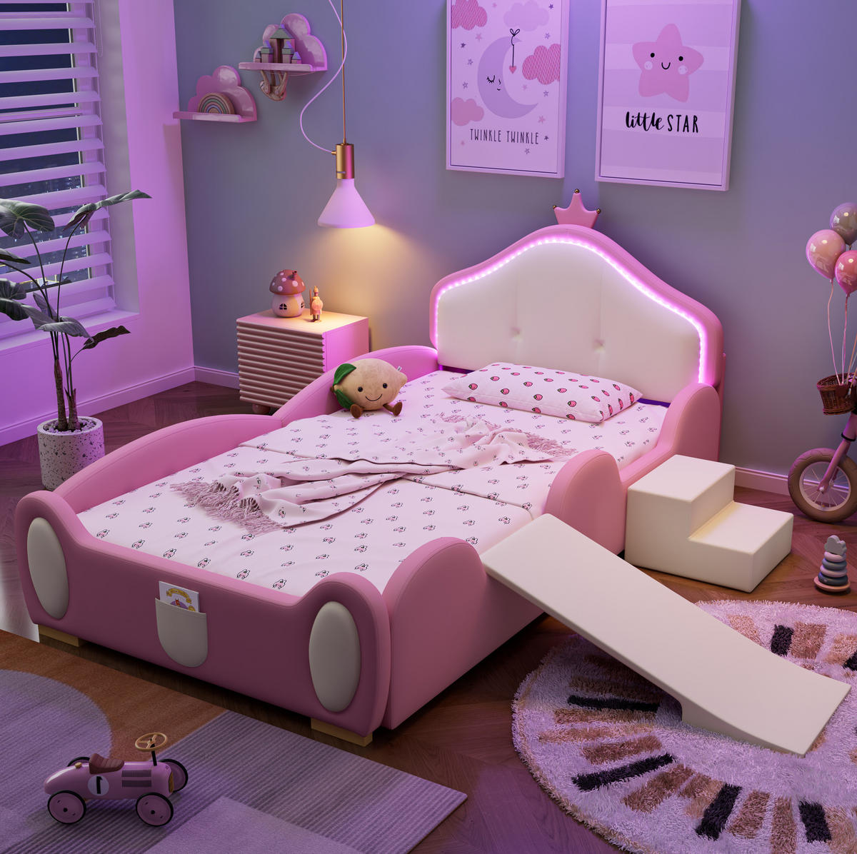 KINDEREINZELBETTEN aus Kunststoff 90x200 cm in Rosa mit LED, Rutsche & Treppe - Rosa, Kunststoff (90/200cm) - Modfu