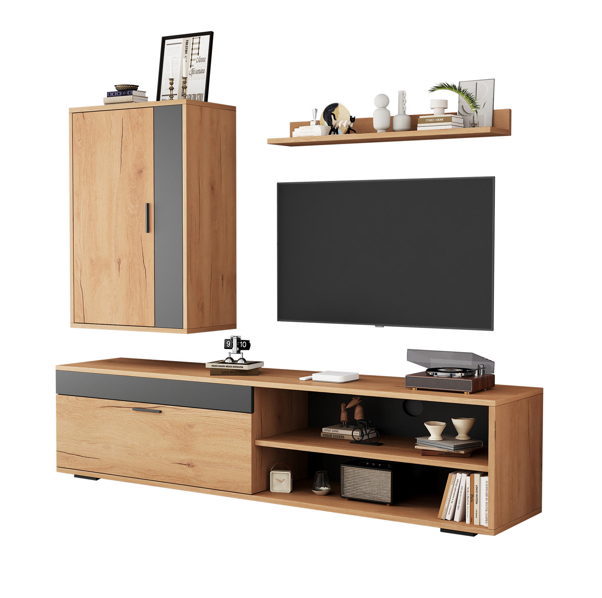 LOWBOARD TV-Möbel-Set 140/35/39 cm aus Spanplatte mit Sanftschluss-Scharnieren Eichefarben/Schwarz - Naturfarben, Holzwerkstoff (140/39/35cm) - Modenvie