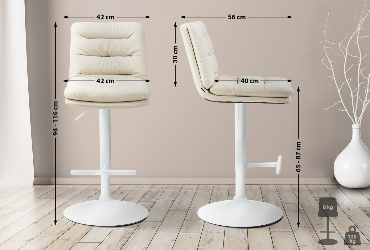 BARHOCKER 2er Set Lederlook creme - Creme/Weiß, Textil/Metall (42/94/56cm) - CLP