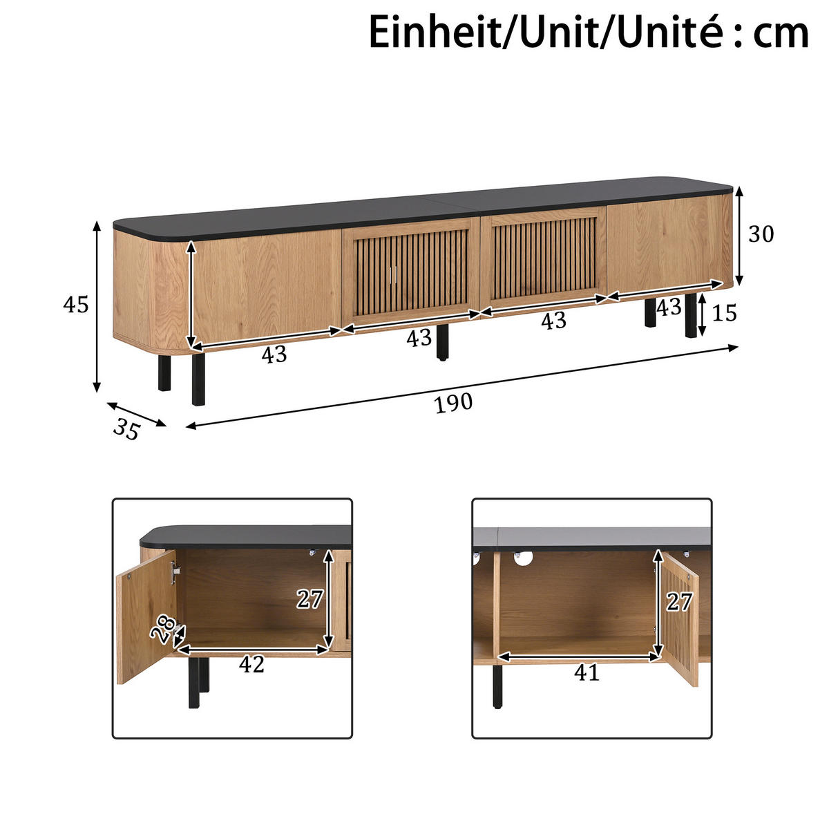 TV-LOWBOARD aus MDF und Spanplatte 190x35x45 cm Eichenholzfarbe mit Gittertüren und Stauraum - Braun, Holzwerkstoff (190/45/35cm) - IVMEU