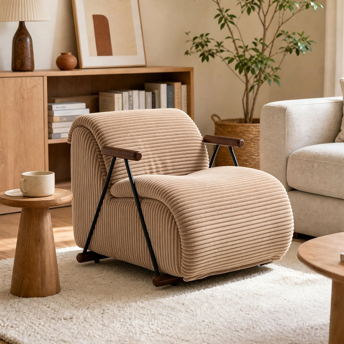 XXL-SESSEL mit Armlehnen, Cord Loungesessel, Ergonomisch, Hellbraun - Hellbraun, Textil/Metall (71/75/100cm) - LVHOM