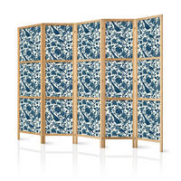 PARAVENT Japanischer 5-tlg 225x172 cm Blumen und V gel - Blau, Holz/Textil (225/172/3cm) - Muralo