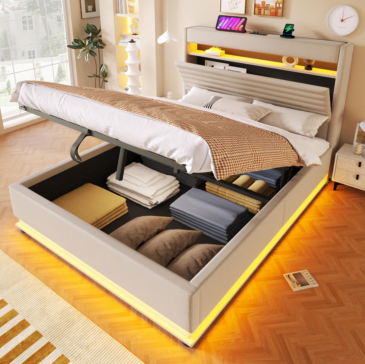 POLSTERBETT 140/200 cm mit LED-Beleuchtung, USB- und Typ-C-Anschluss, hydraulischem Stauraum und Leinenbezug, Beige - Beige, Textil (140/200cm) - Redom