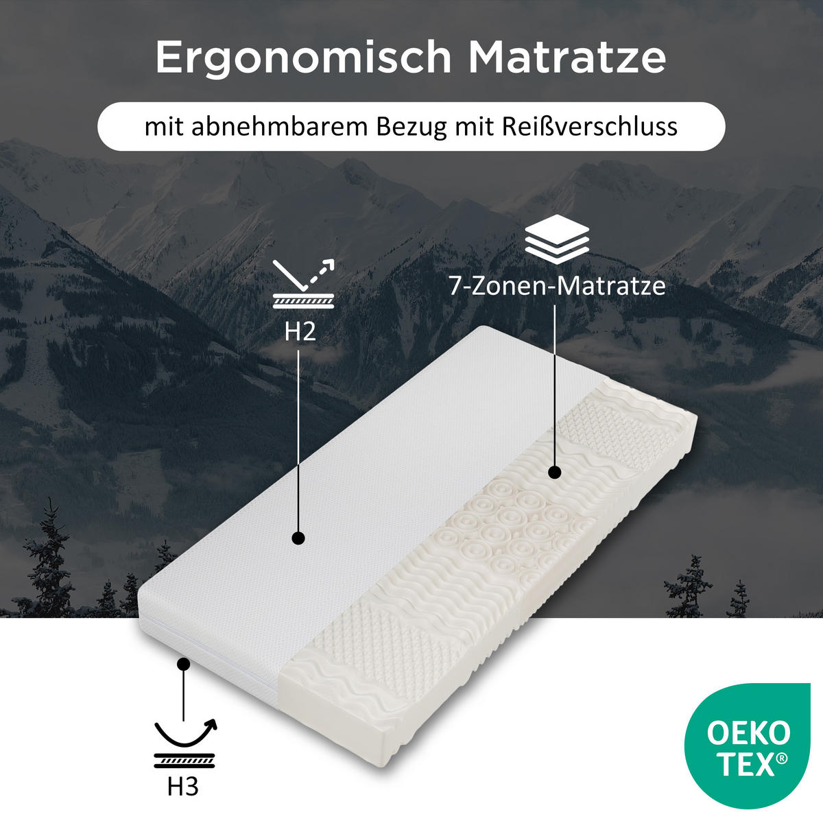 KALTSCHAUMMATRATZE 90x200 cm – 7 Zonen Komfortschaum, 20 cm hoch, H2/H3, ergonomisch, Bezug waschbar, mit Griffen & Reißverschluss - Weiß, Textil - Ej. Life