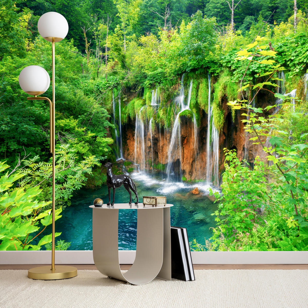 FOTOTAPETE für Esszimmer Exotischer Wasserfall Dschungelwald 350x256 - Türkis/Braun, Papier (350/256cm) - Muralo
