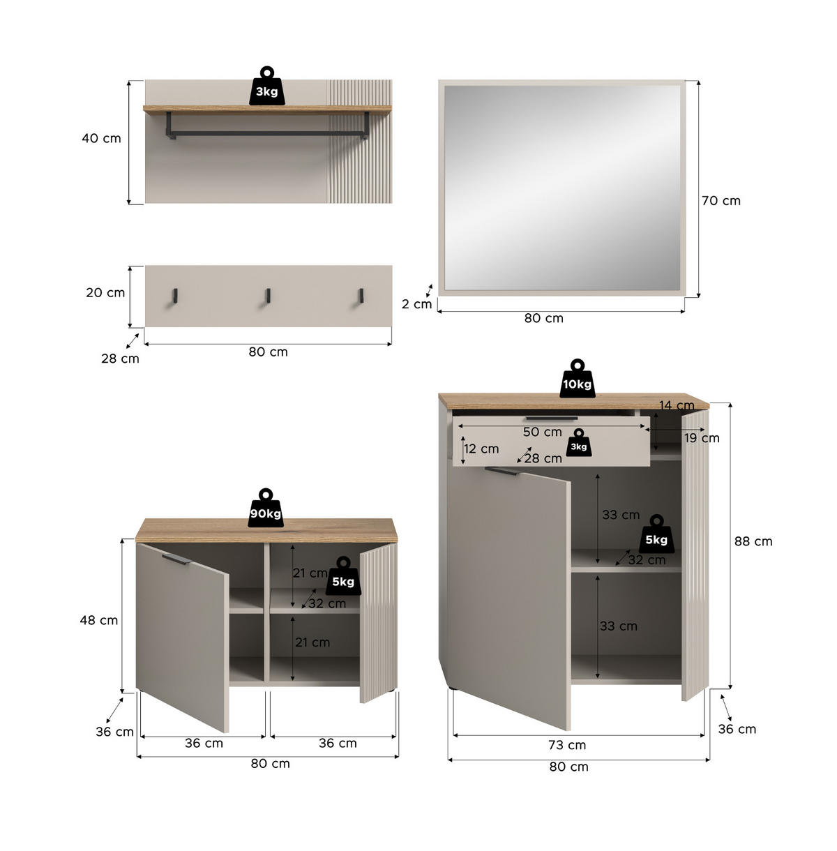 GARDEROBEN-SET 5-teilig Kaschmir Sand, Evoke Eiche, Kombination 175 x 190 cm, Skid - Kaschmir/Eichefarben, Holzwerkstoff/Kunststoff (175/190/36cm) - Inn.Furn