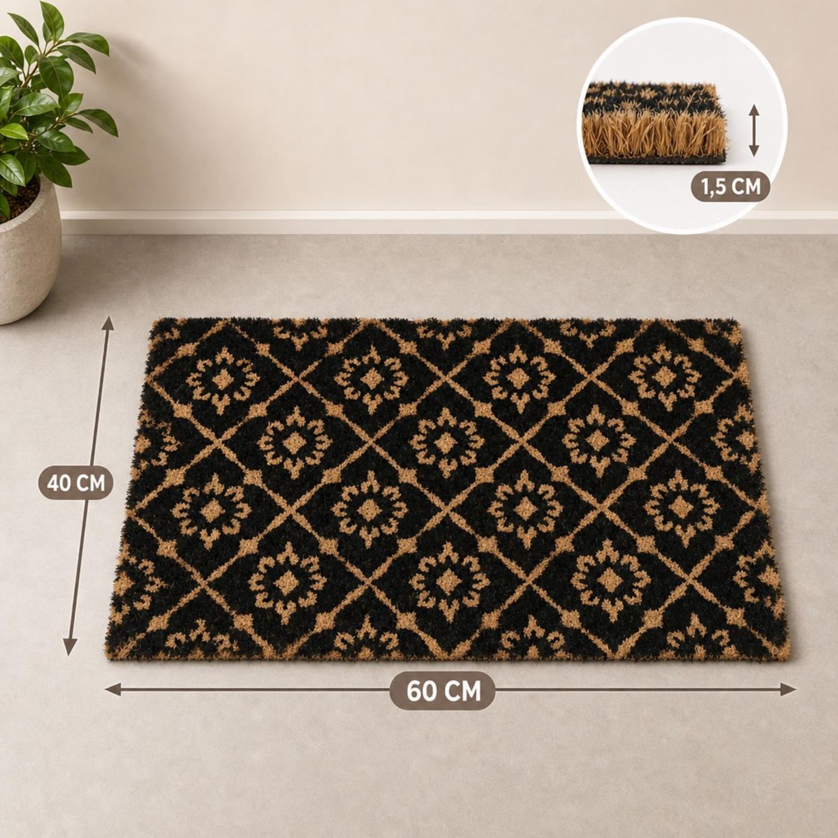 ROHOŽKA Přírodní Černá kokosové vlákno protiskluzová 60x40 cm - černá, textil/plast (60/40cm) - Relaxdays