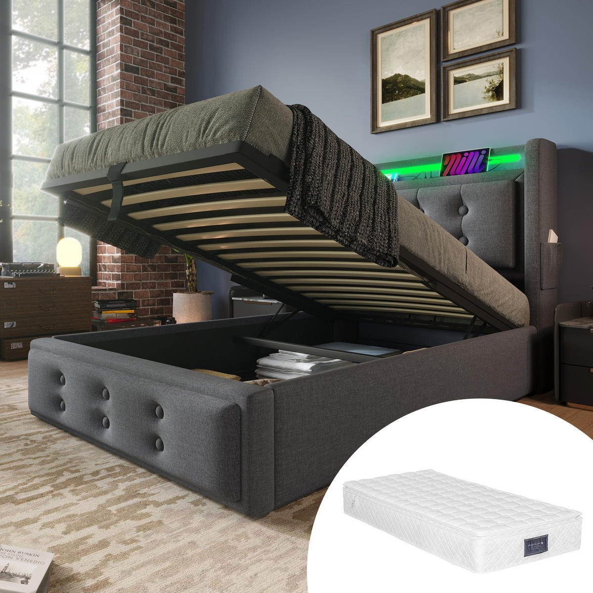 POLSTERBETT 90/200 cm Grau mit LED-Beleuchtung und USB-Ladefunktion Mit Matratze - Grau, Textil (90/200cm) - OKWISH