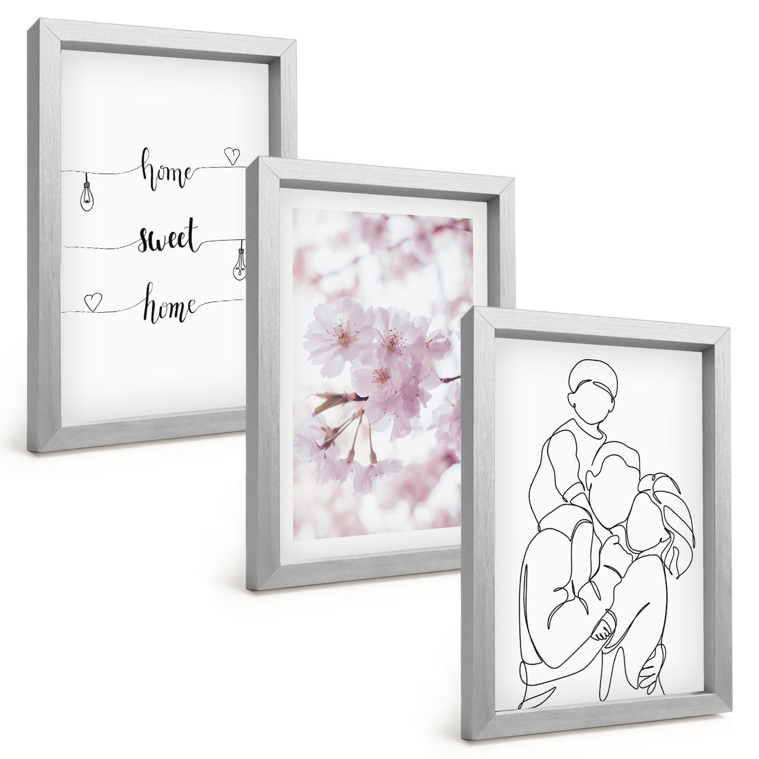 BILDER SET 3er Set - 20x30 cm Silberner Rahmen - Blumenfamilie minimalistisch - Silberfarben, Kunststoff (20/30cm) - TULUP