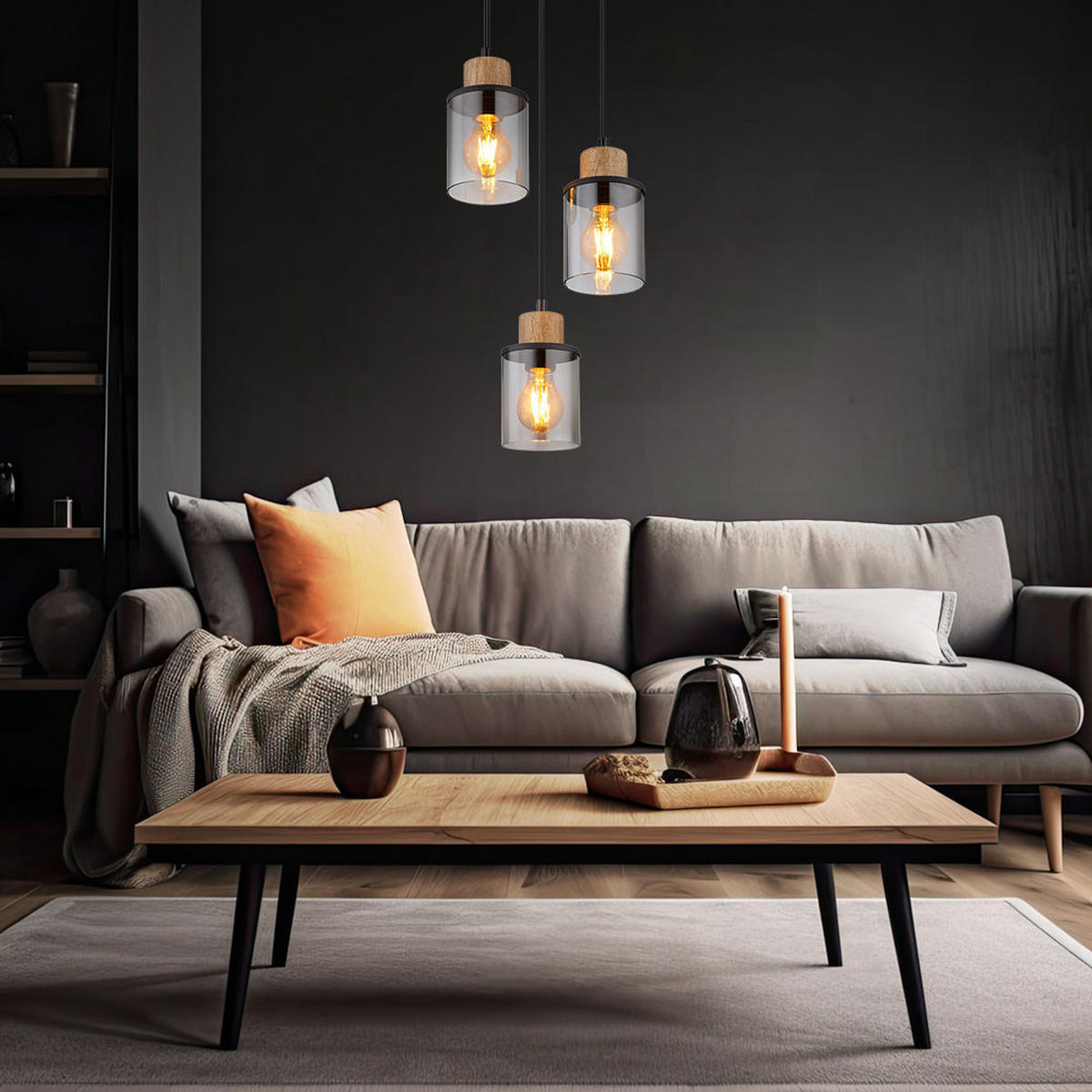 LED HÄNGELEUCHTE Metall Schwarz-matt Glas Rauchfarbe - Schwarz, Holz (27/27/120cm) - Globo Lighting