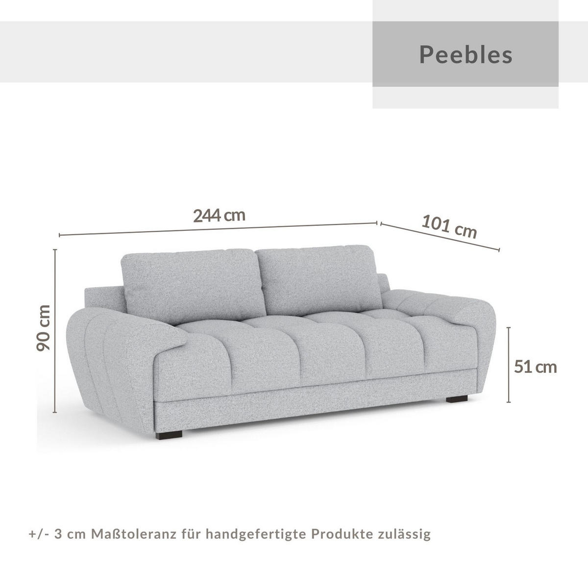 3-SITZER SOFA Peebles Beige Webstoff - Beige/Schwarz, Holz/Holzwerkstoff (244/90/101cm) - Maison de Reve