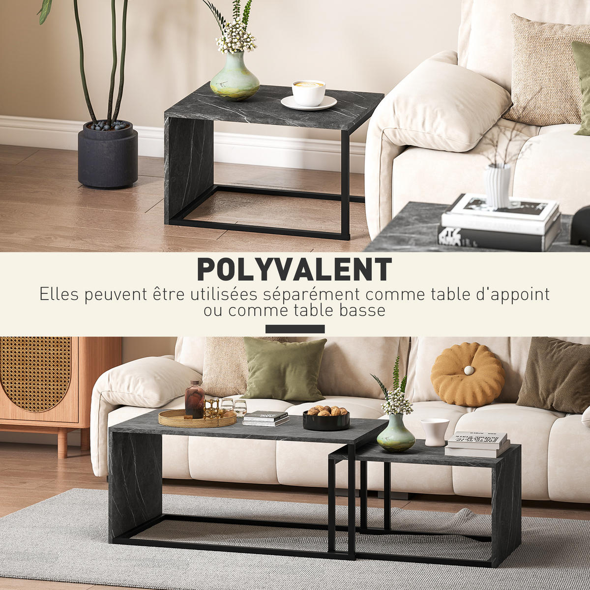 COUCHTISCH DE-15812 2er-Set nestbar, industrieller Stil Dunkelgrau - Dunkelgrau, Holzwerkstoff (90/48/42cm) - ComfortXL