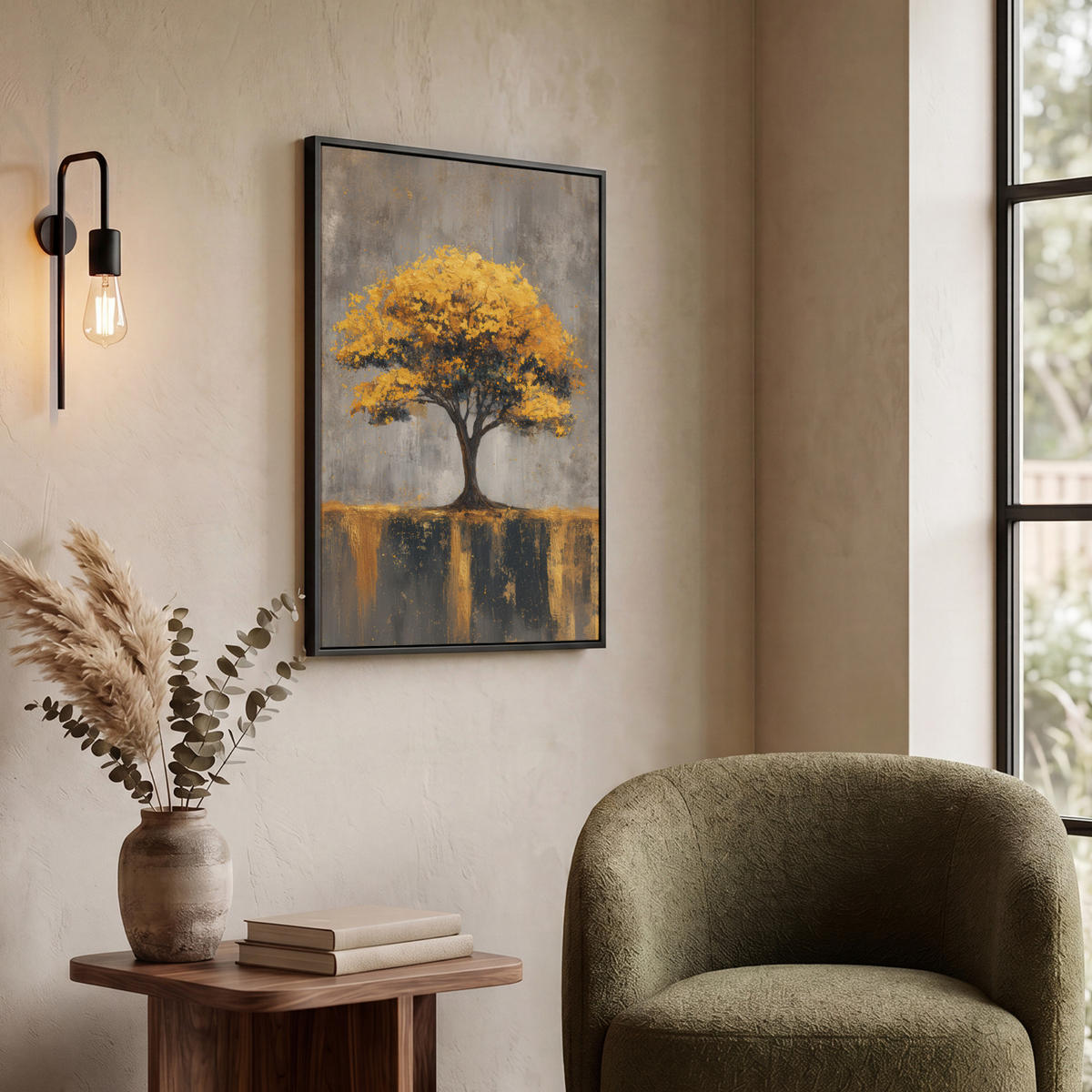 LEINWAND Bilder mit Rahmen - Baum - Blätter - Gold - Abstrakt - 60x80 - Grau, Textil (60/80cm) - MuchoWow