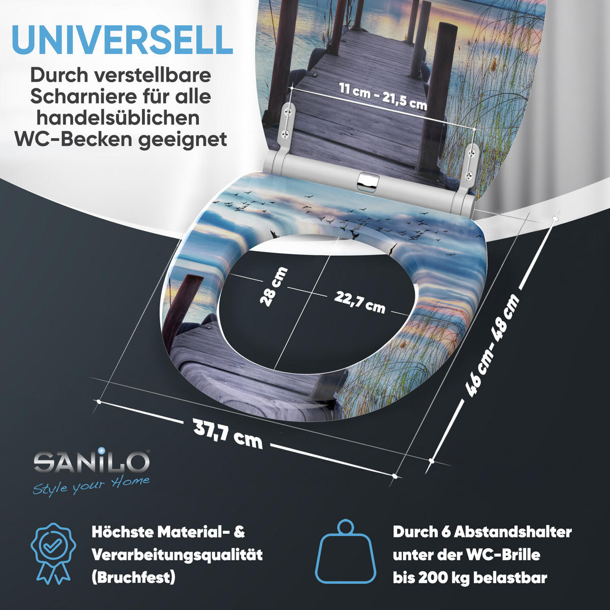 WC-SITZ mit Absenkautomatik & Top Fix Sunset - Blau, Holzwerkstoff (37.7/5.5/48cm) - Sanilo